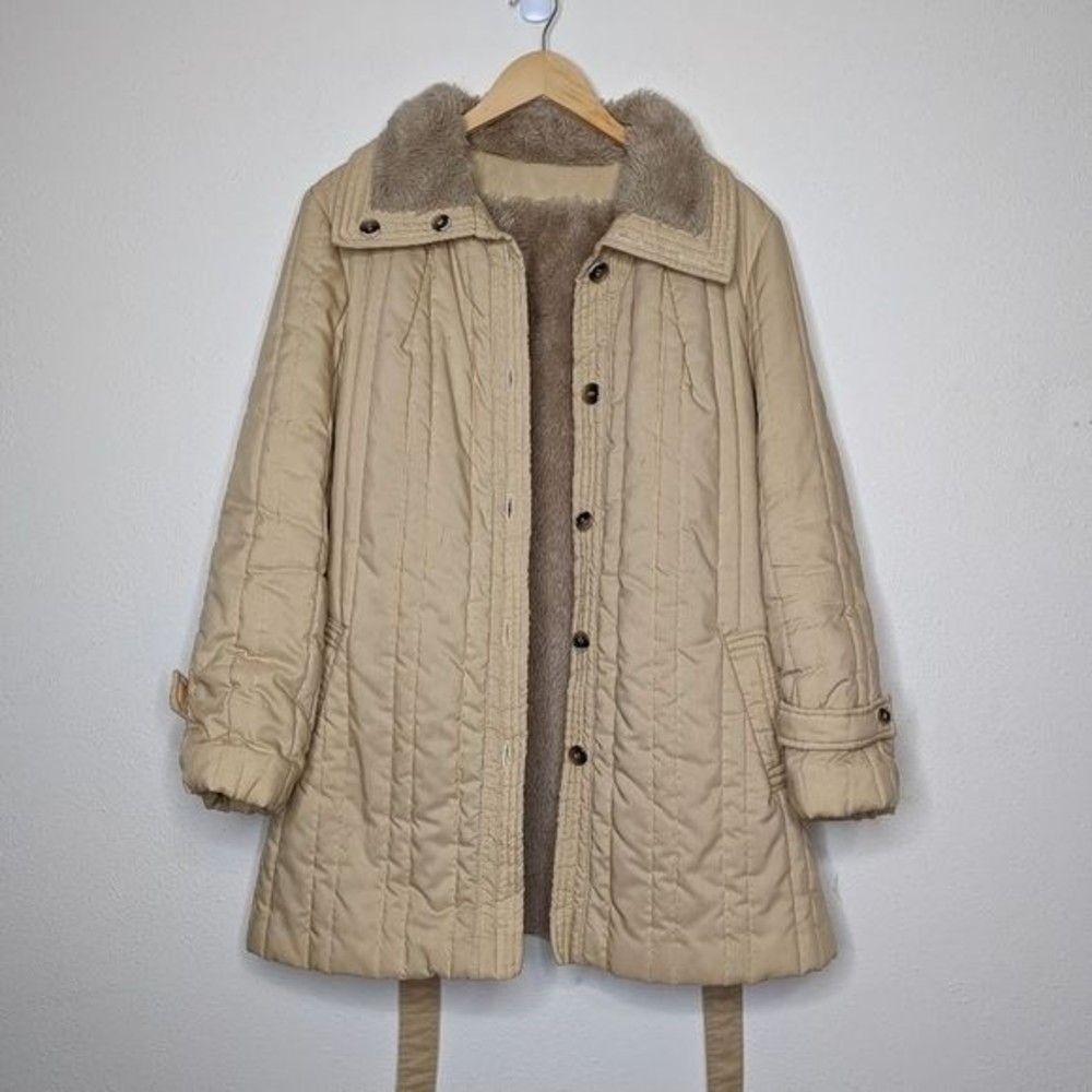 Vintage Channel Quilted Sherpa Lined Jacket Khaki Neutral - Picture 3 of 16